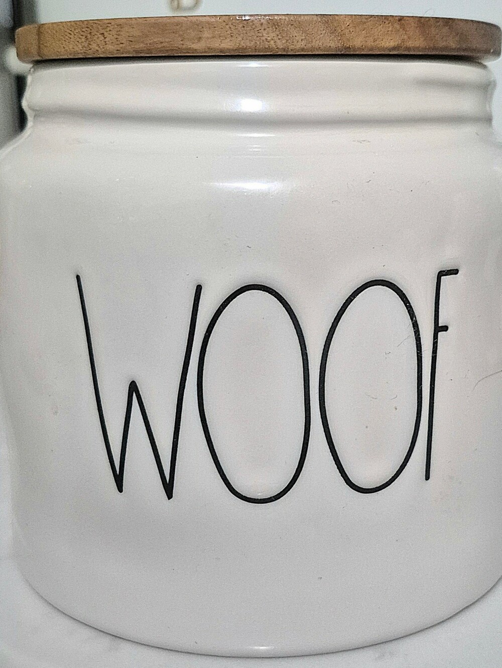 NWT Rae Dunn White Ceramic WOOF Canister/Cellar With engraved Paw Wooden Lid